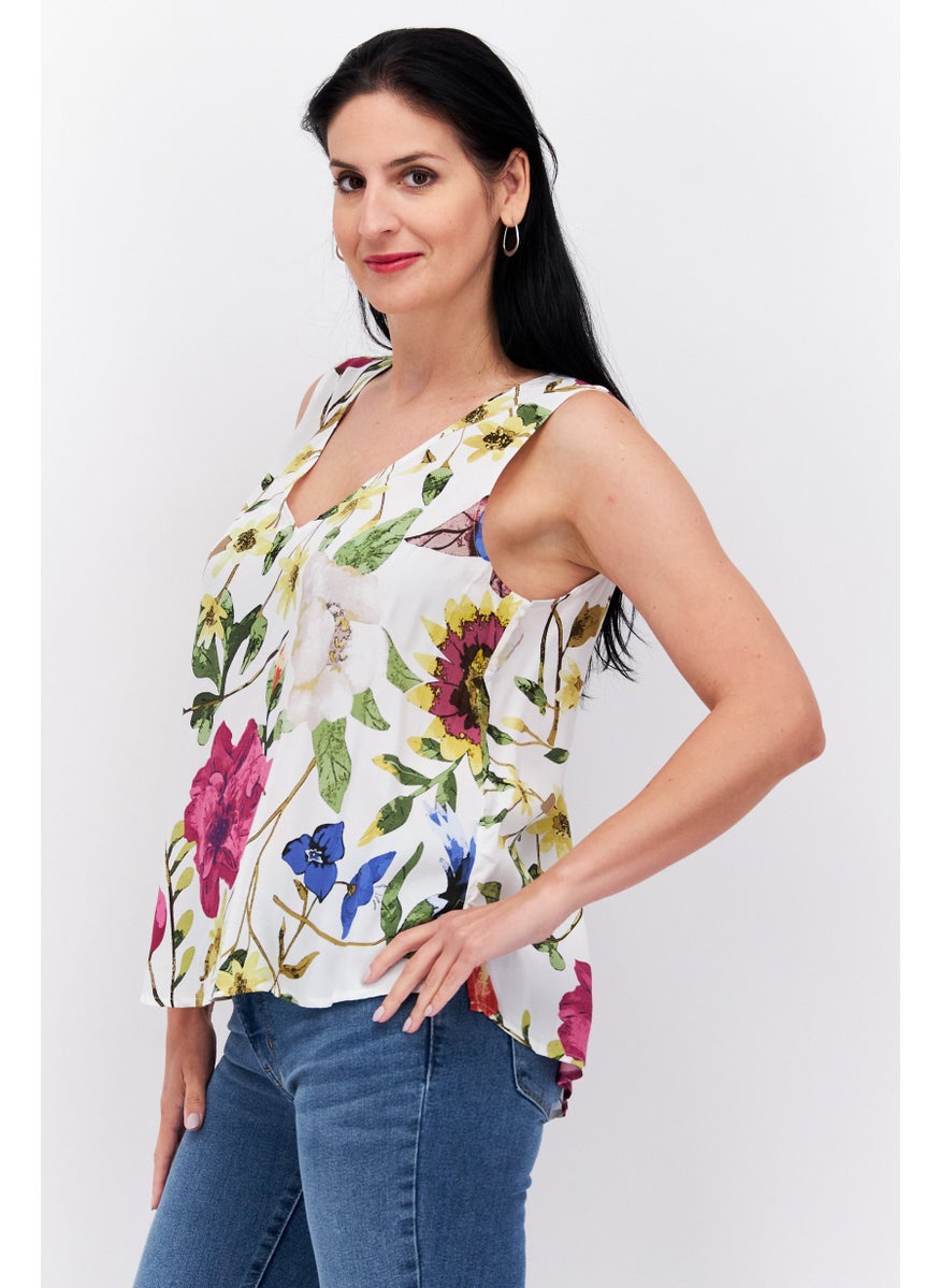 ESPRIT Women V Neck Sleeveless Floral Print Tank Top, White Combo  - Image 4