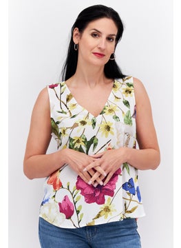 ESPRIT Women V Neck Sleeveless Floral Print Tank Top, White Combo  - Image 1