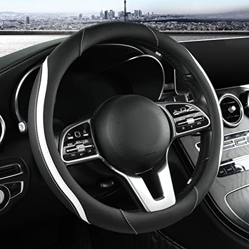 szttswamp Car Steering Wheel Cover, Leather Steering Wheel Cover White Universal 14.5-15 Inch Microfiber Leather Anti-Slip Breathable Auto Steering Wheel Covers for Men Women(Black & White) - Image 1