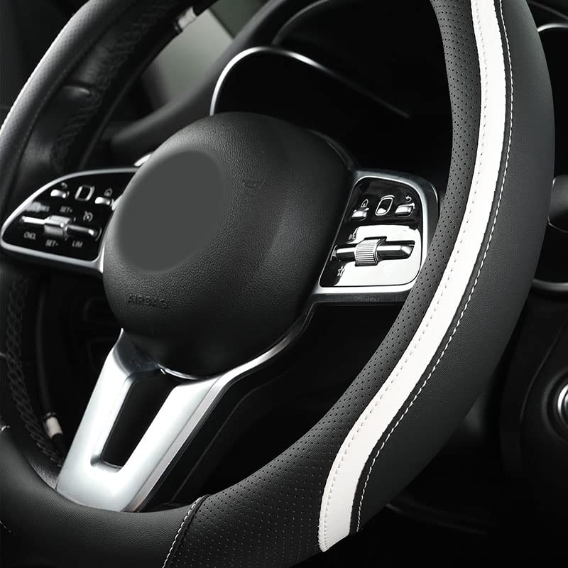 szttswamp Car Steering Wheel Cover, Leather Steering Wheel Cover White Universal 14.5-15 Inch Microfiber Leather Anti-Slip Breathable Auto Steering Wheel Covers for Men Women(Black & White) - Image 2