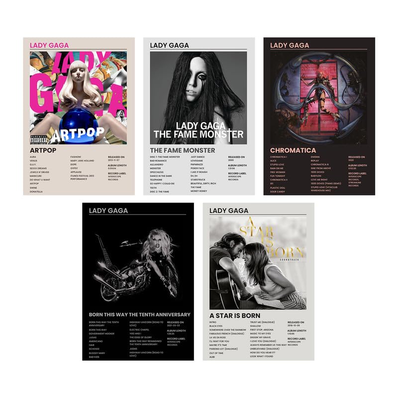 Soyura عبوة من 5 - ملصقات ألبوم موسيقي لليدي غاغا بحجم 8.2x11.8 بوصة مع شريط لاصق مرفق، ملصقات موسيقية، فن جدران لغرفة النوم، غرفة المعيشة، المكتب - Image 1