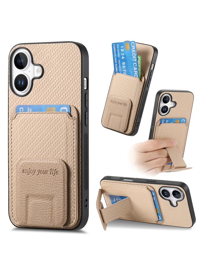 S-TOP Case For iPhone 16 Plus Carbon Fiber Card Bag Fold Stand Phone Case - Image 1