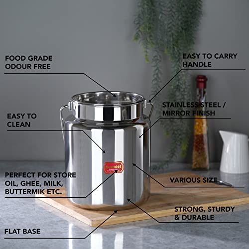 Sumeet Stainless Steel Akhand - Jointless Milk Can/Oil Can/Milk Barni/Oil Pot with Lid, 1250ML capacity, 11Cm Dia, Silver - Image 2