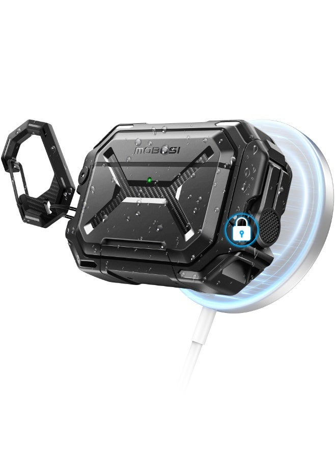 موبوسي جراب لـ AirPods Pro 3 [جراب مقاوم للماء بمعيار IP68 ومتوافق مع MagSafe] غطاء حماية بمستوى عسكري لـ إيربودز برو 3 مع قفل آمن وسلسلة مفاتيح وحامل هاتف (2025)، أسود - Image 1