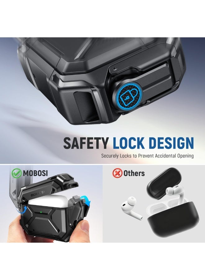 موبوسي جراب لـ AirPods Pro 3 [جراب مقاوم للماء بمعيار IP68 ومتوافق مع MagSafe] غطاء حماية بمستوى عسكري لـ إيربودز برو 3 مع قفل آمن وسلسلة مفاتيح وحامل هاتف (2025)، أسود - Image 4