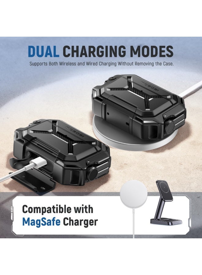 موبوسي جراب لـ AirPods Pro 3 [جراب مقاوم للماء بمعيار IP68 ومتوافق مع MagSafe] غطاء حماية بمستوى عسكري لـ إيربودز برو 3 مع قفل آمن وسلسلة مفاتيح وحامل هاتف (2025)، أسود - Image 3