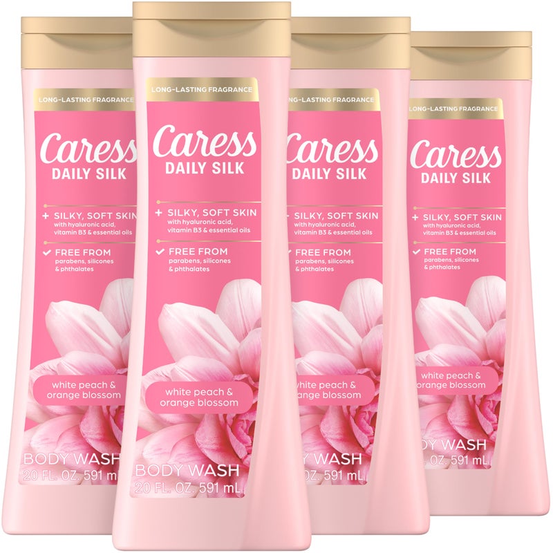 Caress Body Wash for Women, Daily Silk White Peach & Orange Blossom, Shower Gel Body Wash Moisturizing for Noticeably Silky, Soft Skin, 20 fl oz, 4 Pack - Image 1