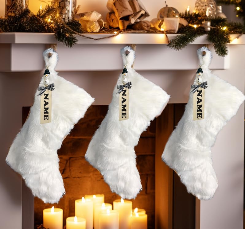 Aogu 3 Pack 18 Inch Snowy White Christmas Stockings Faux Fur Xmas Christmas Stockings Hanging Ornaments Candy Gift Bags For Christmas Decorations - Image 1