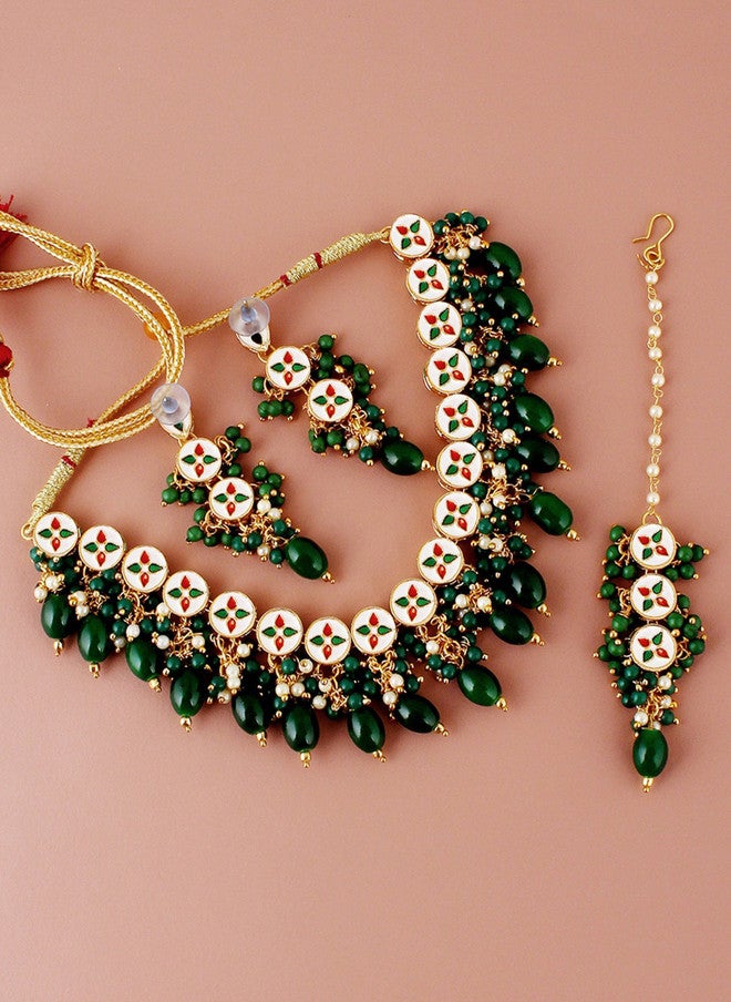 M/S LUCKY JEWELLERY LUCKY JEWELLERY 18k Gold-Plated Kundan-Studded & Beaded Jewellery Set - Image 2