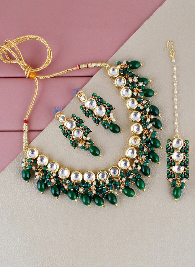 M/S LUCKY JEWELLERY LUCKY JEWELLERY 18k Gold-Plated Kundan-Studded & Beaded Jewellery Set - Image 1