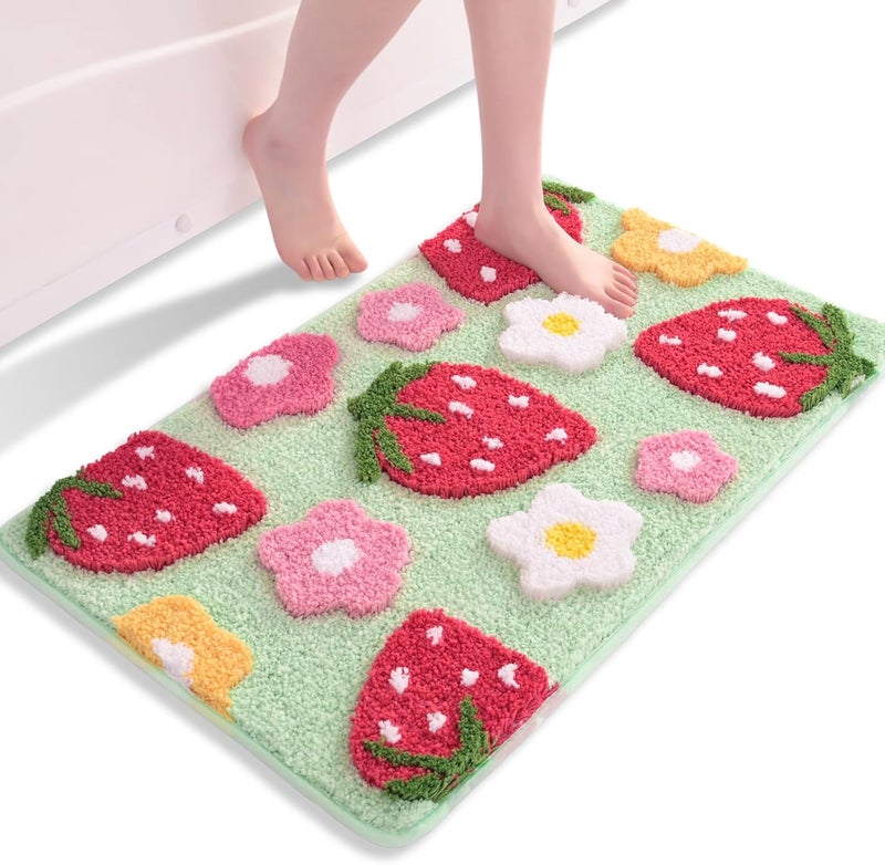 ANYBAR Green Bathroom Rugs Cute Strawberry Flower Bath Mat Bathroom Accessories, Funny Colorful Non Slip Floor Bath Rug Machine Washable Bathmat Soft Microfiber Carpet for Shower, Bathtub (18x25 inch) - Image 1