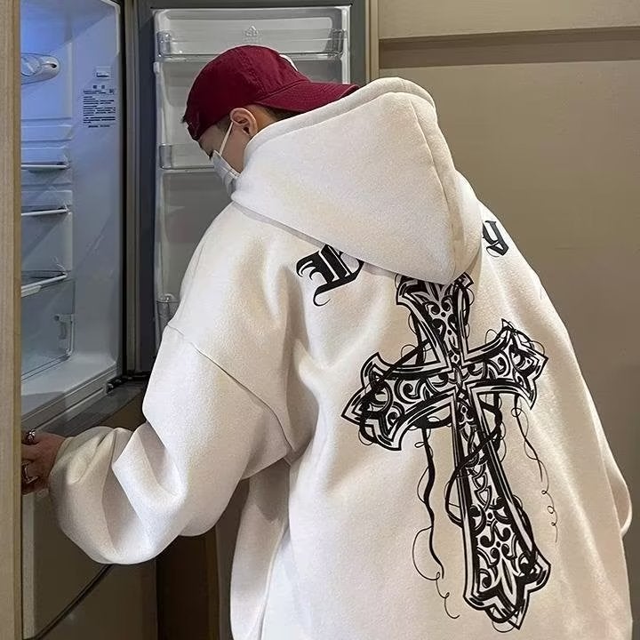 Retro American Hoodie Mens Fleece Autumn Winter LW51 White  - Image 1