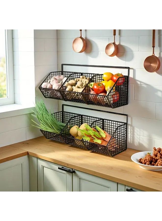 Metal Modern Kitchen Vegetable Storage Basket Heavy Duty Multi Tier Pantry Organizer With Hanging Cabinet Mount Space Saving Vertical Design For Fruits Potatoes Onions Garlic Sturdy Black Grid Shelf Display For Countertop Or Pantry Onion Storage Kitchen Rack Organizer Fruit Storage Rack Spices Rack Organizer Kitchen Storage Rack Garlic Storage Shelves Kitchen Decor Kitchen Wall Storage Condiments Rack Organizer One Set - Image 1