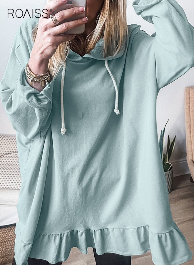 roaiss Plus Size Women's Light Blue Hoodie Casual Loose Fit with Drawstring Hood, Ruffled Hem Practical Pocket, Comfort for Everyday Casual Wear, Soft Fabric for Ladies - Image 1