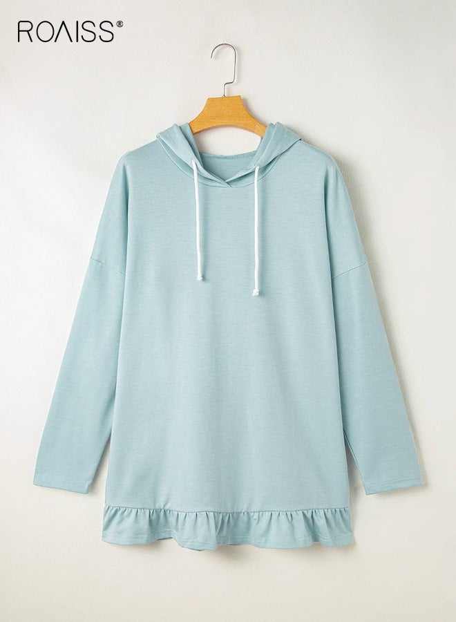 roaiss Plus Size Women's Light Blue Hoodie Casual Loose Fit with Drawstring Hood, Ruffled Hem Practical Pocket, Comfort for Everyday Casual Wear, Soft Fabric for Ladies - Image 3
