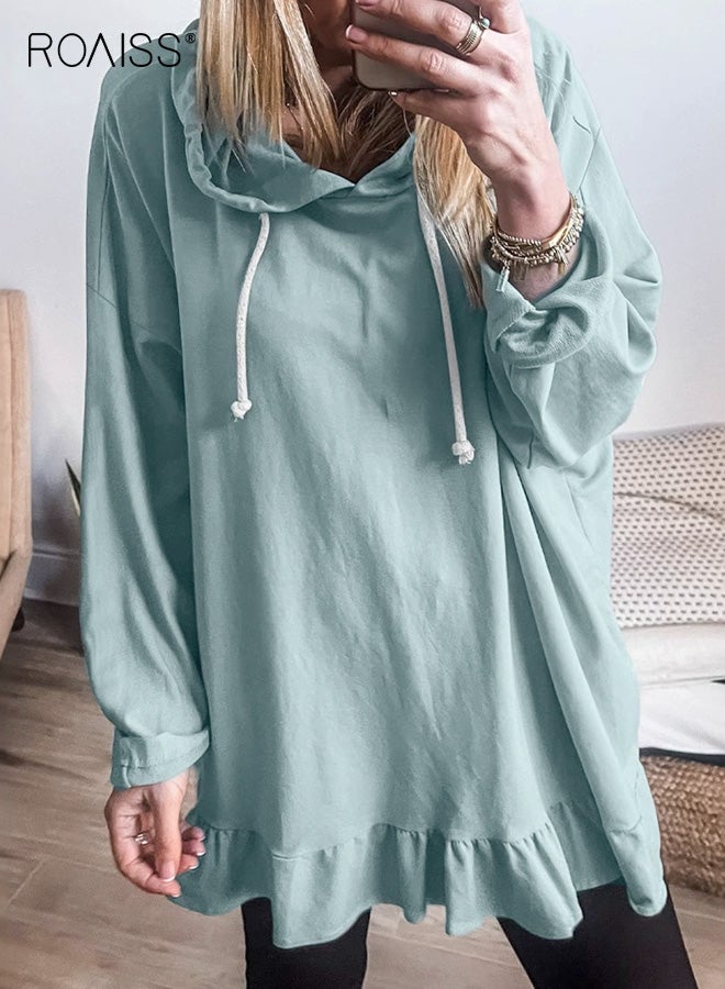 roaiss Plus Size Women's Light Blue Hoodie Casual Loose Fit with Drawstring Hood, Ruffled Hem Practical Pocket, Comfort for Everyday Casual Wear, Soft Fabric for Ladies - Image 2