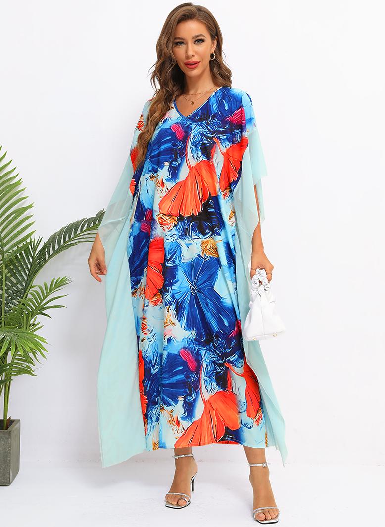 فرايديين نسائي كريمي طوق على شكل V زهري فضفاض فساتين طويلة ازرق - Image 3