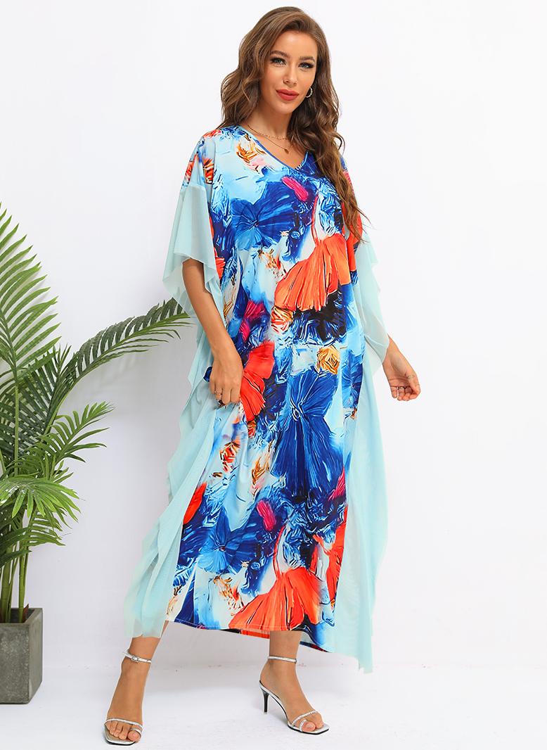 فرايديين نسائي كريمي طوق على شكل V زهري فضفاض فساتين طويلة ازرق - Image 1