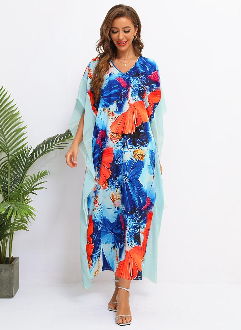 فرايديين نسائي كريمي طوق على شكل V زهري فضفاض فساتين طويلة ازرق - Image 5