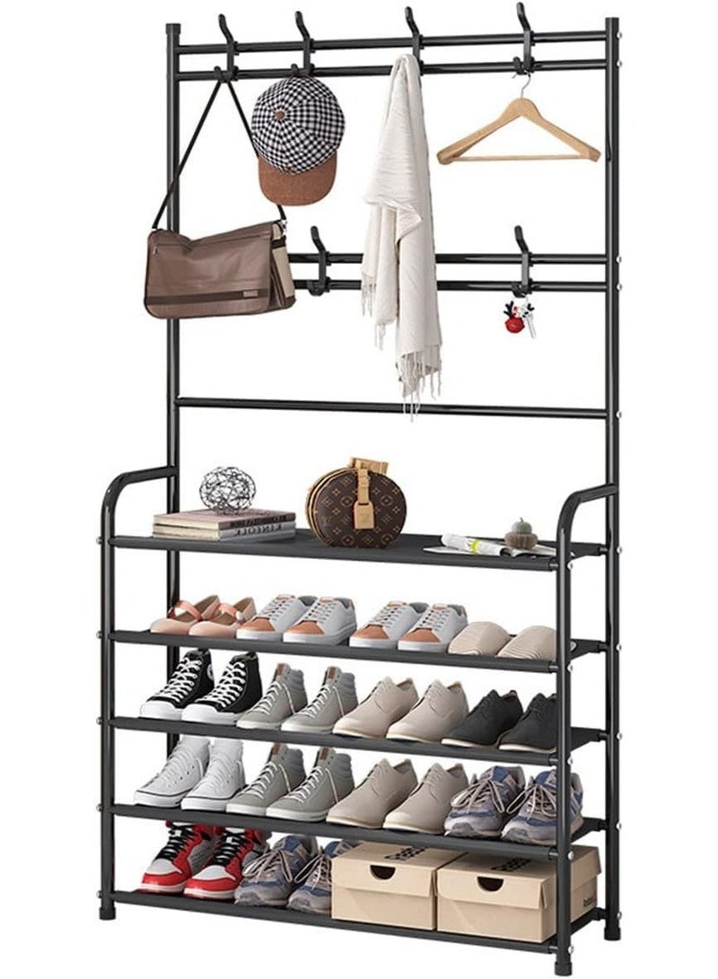 5-Tier Shoe Rack with Coat & Accessory Hooks, Freestanding Entryway Organizer, Multi-Level Storage Shelf for Shoes, Bags, Jackets & Hats, Hallway Bedroom Closet Storage, 60cm (Black) - Image 1