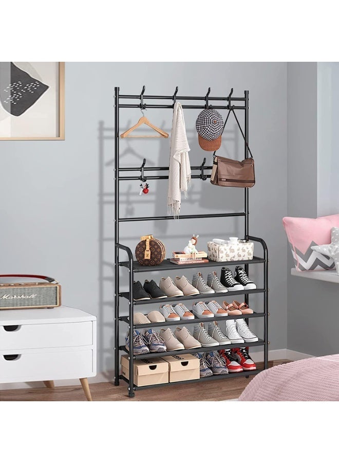 5-Tier Shoe Rack with Coat & Accessory Hooks, Freestanding Entryway Organizer, Multi-Level Storage Shelf for Shoes, Bags, Jackets & Hats, Hallway Bedroom Closet Storage, 60cm (Black) - Image 3