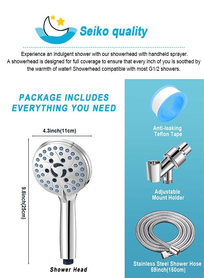 URbazaar High Pressure 7-mode Handheld Shower Head - Anti-clog Nozzles, Built-in Power Wash to Clean Tub, Tile & Pets, Extra Long 59inch. Stainless Steel Hose, Wall & Overhead Brackets - Image 2