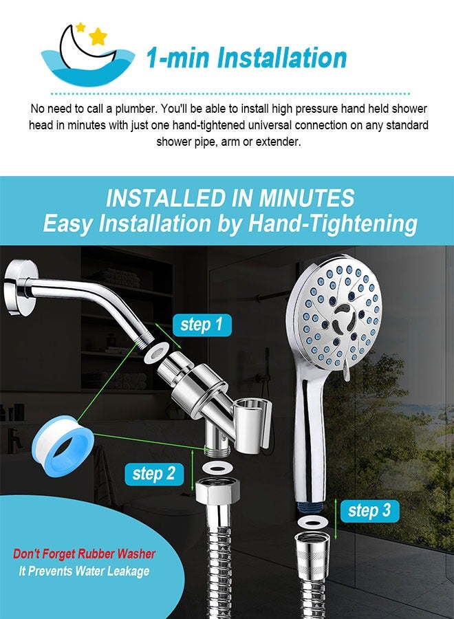 URbazaar High Pressure 7-mode Handheld Shower Head - Anti-clog Nozzles, Built-in Power Wash to Clean Tub, Tile & Pets, Extra Long 59inch. Stainless Steel Hose, Wall & Overhead Brackets - Image 3