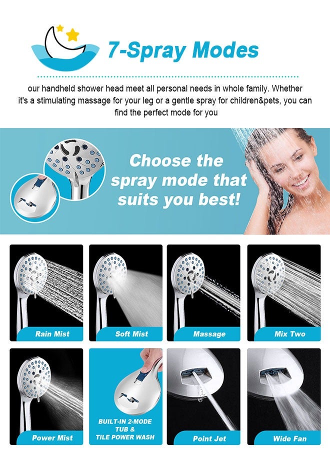 URbazaar High Pressure 7-mode Handheld Shower Head - Anti-clog Nozzles, Built-in Power Wash to Clean Tub, Tile & Pets, Extra Long 59inch. Stainless Steel Hose, Wall & Overhead Brackets - Image 5