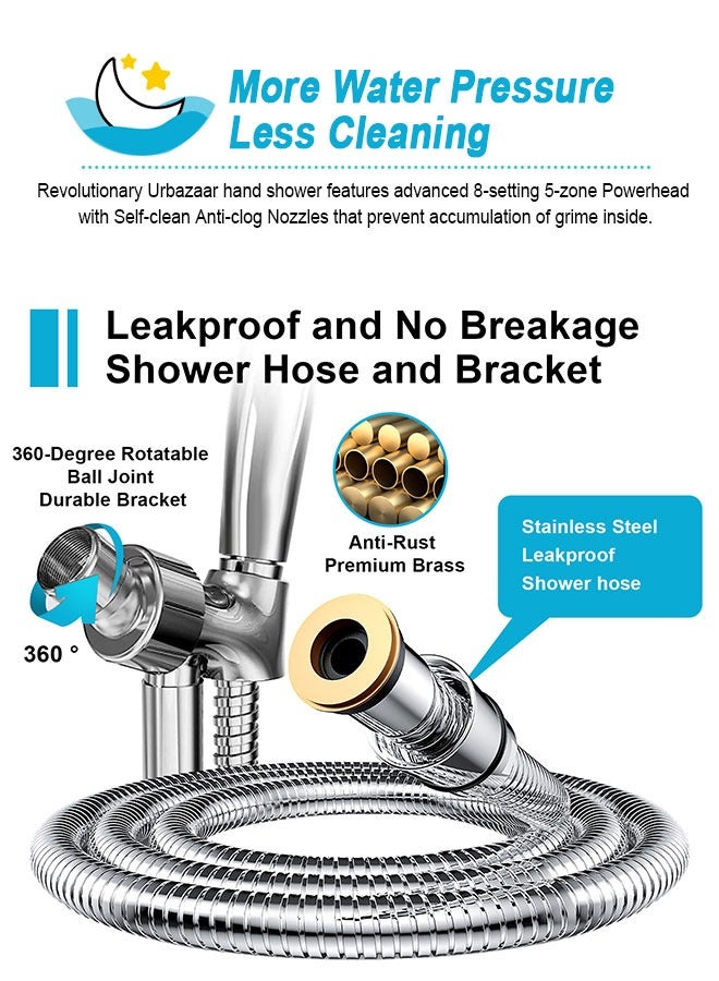 URbazaar High Pressure 7-mode Handheld Shower Head - Anti-clog Nozzles, Built-in Power Wash to Clean Tub, Tile & Pets, Extra Long 59inch. Stainless Steel Hose, Wall & Overhead Brackets - Image 4