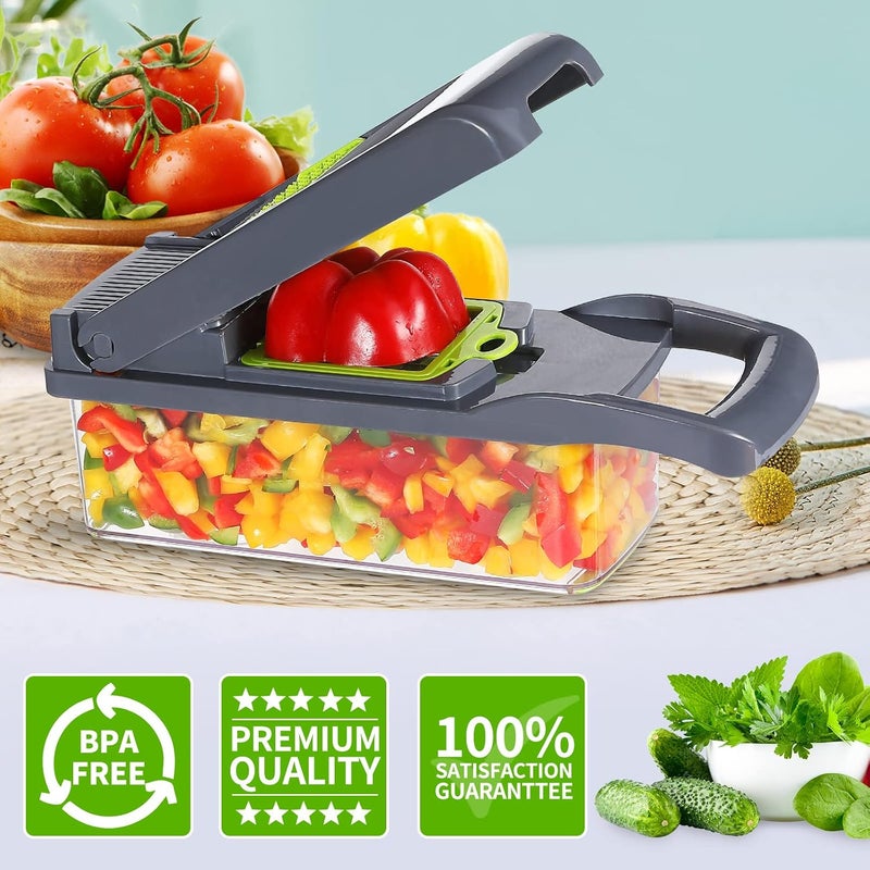 CARLWIN قطاعة خضروات فاخرة، قطاعة خضروات بـ 7 شفرات، قاطعة، مقطعة مكعبات، قطاعة بصل 12 في 1، شرائح ماندرين، قطاعة طعام متعددة الوظائف مع حاوية - Image 2