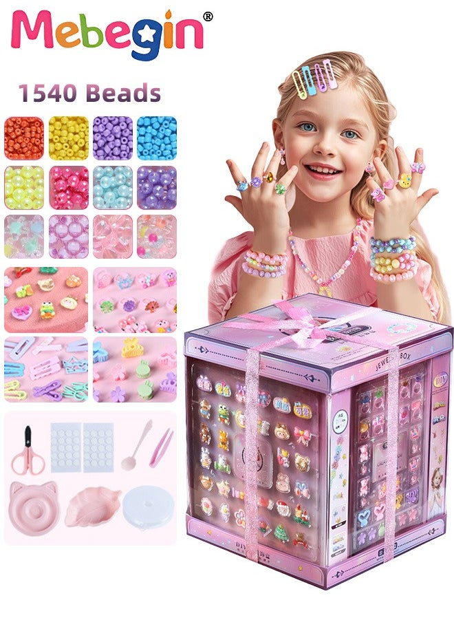 MEBEGIN Girls DIY Jewelry Kit with 1540 Colorful Beads, Rings, Ear Clips, Hair Clips and Rich Accessaries, Complete Hairslide Bracelet Making Kit, Perfect Jewelry Making Kit with Elegant Packaging, Girl Crafts for Imagination Self-expression and Inspires Creativity, Ideal Gift for Girls  - Image 2