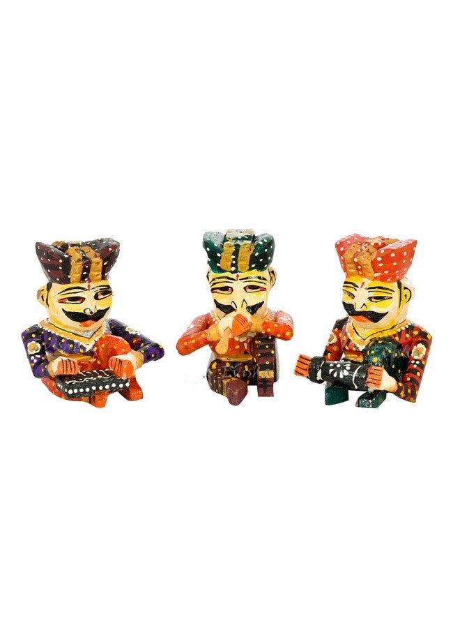 Evisha Wooden Rajasthani Handcrafted Bawla Set Musician Set Home Décor Set of 5 Size 4" - Image 3
