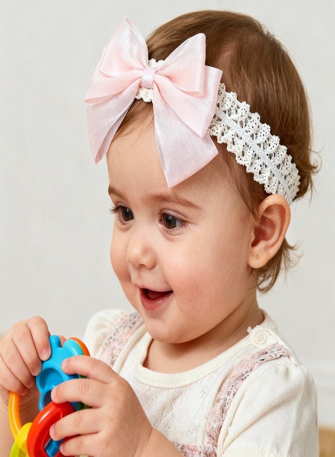 ICKEYOU Baby Girls Hairbands Bow Lace Headband Handmade Soft Stretchy Pink Bowknot Hairbands Newborn Hairband with Bows Elastic Hair Bands for Kids Infant(Glossy Pink Bow - Image 2