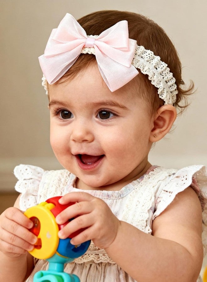ICKEYOU Baby Girls Hairbands Bow Lace Headband Handmade Soft Stretchy Pink Bowknot Hairbands Newborn Hairband with Bows Elastic Hair Bands for Kids Infant(Glossy Pink Bow - Image 1