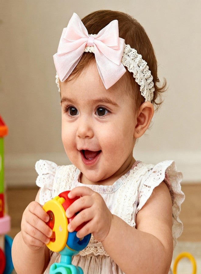 ICKEYOU Baby Girls Hairbands Bow Lace Headband Handmade Soft Stretchy Pink Bowknot Hairbands Newborn Hairband with Bows Elastic Hair Bands for Kids Infant(Glossy Pink Bow - Image 3