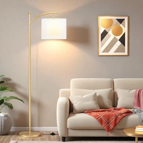 Ambimall 60" Floor Lamp for Living Room with 3 Color Temperatures, Adjustable White Shade with Gold Pole, Tall Lamp for Bedroom Office Classroom Dorm Room, 9W LED Bulb Included - Image 1