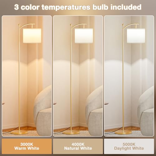 Ambimall 60" Floor Lamp for Living Room with 3 Color Temperatures, Adjustable White Shade with Gold Pole, Tall Lamp for Bedroom Office Classroom Dorm Room, 9W LED Bulb Included - Image 3