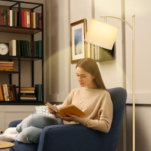 Ambimall 60" Floor Lamp for Living Room with 3 Color Temperatures, Adjustable White Shade with Gold Pole, Tall Lamp for Bedroom Office Classroom Dorm Room, 9W LED Bulb Included - Image 4