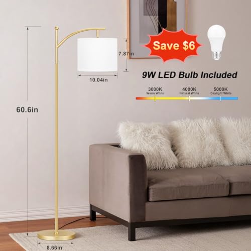 Ambimall 60" Floor Lamp for Living Room with 3 Color Temperatures, Adjustable White Shade with Gold Pole, Tall Lamp for Bedroom Office Classroom Dorm Room, 9W LED Bulb Included - Image 2