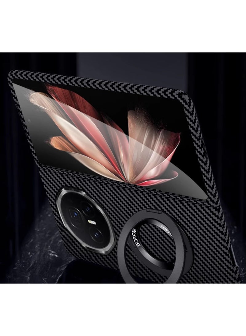 general Compatible with Honor Magic V5 Magnetic Rotating Ring Holder Shell Carbon Fiber Pattern Folding Phone Case For Honor Magic V5 - Image 2