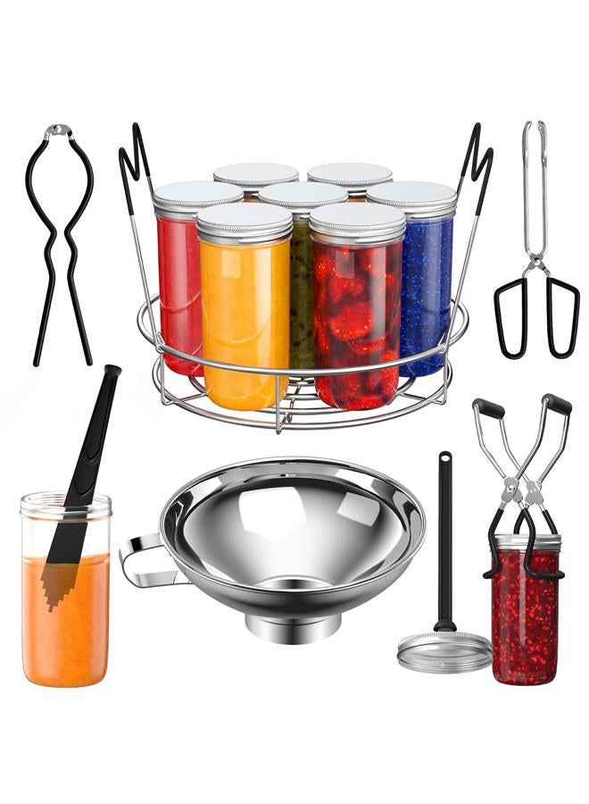 Pisol Canning Supplies Starter Kit, 7 Piece Canning Tools Set with Stainless Steel Rack, Wide Mouth Funnel, Kitchen Tongs, Jar Lifter, Magnetic Lid Lifter, jar Wrench, Bubble Popper - Image 1