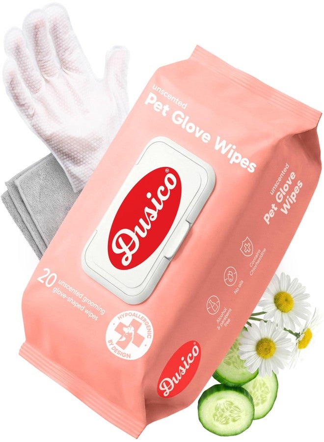 Dusico® Pet Glove Wipes with Microfiber Towel (20 Pack) Unscented – Chlorhexidine Dog Wipes – Oil-Free & Aloe-Free Hypoallergenic Cat Grooming Gloves. Deodorizing Formula with Cucumber & Chamomile - Image 1