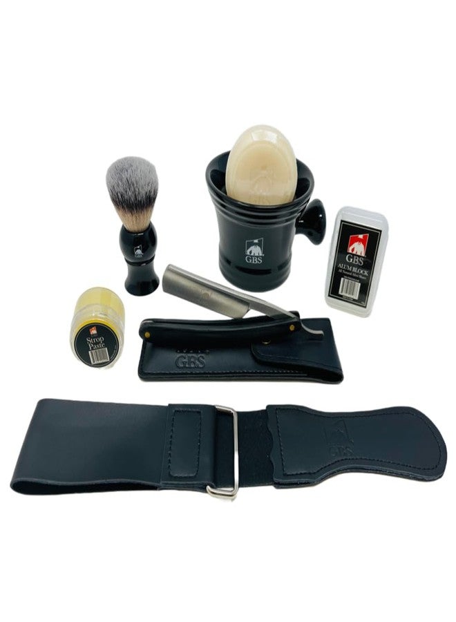 G.B.S Men's Shaving Set- Deluxe Straight Razor 6/8in Carbon Steel Razor, Shaving Mug, Synthetic Bristles Brush, Shaving Soap Razor Case, Alum Block and Strop - Image 1
