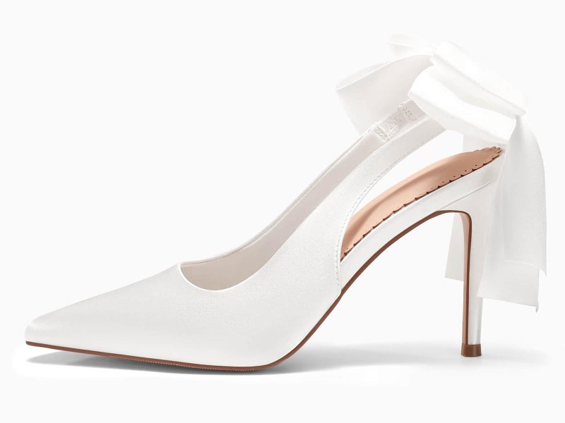 Coutgo Womens Slingback High Heels with Bow Closed Pointed Toe Wedding Bride Dress Shoes Satin Pumps, White, Size 9.5 - Image 5