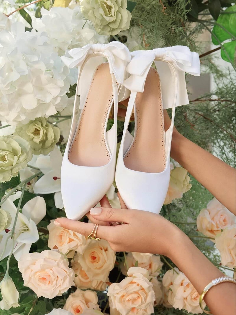 Coutgo Womens Slingback High Heels with Bow Closed Pointed Toe Wedding Bride Dress Shoes Satin Pumps, White, Size 9.5 - Image 3