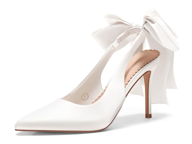 Coutgo Womens Slingback High Heels with Bow Closed Pointed Toe Wedding Bride Dress Shoes Satin Pumps, White, Size 9.5 - Image 1