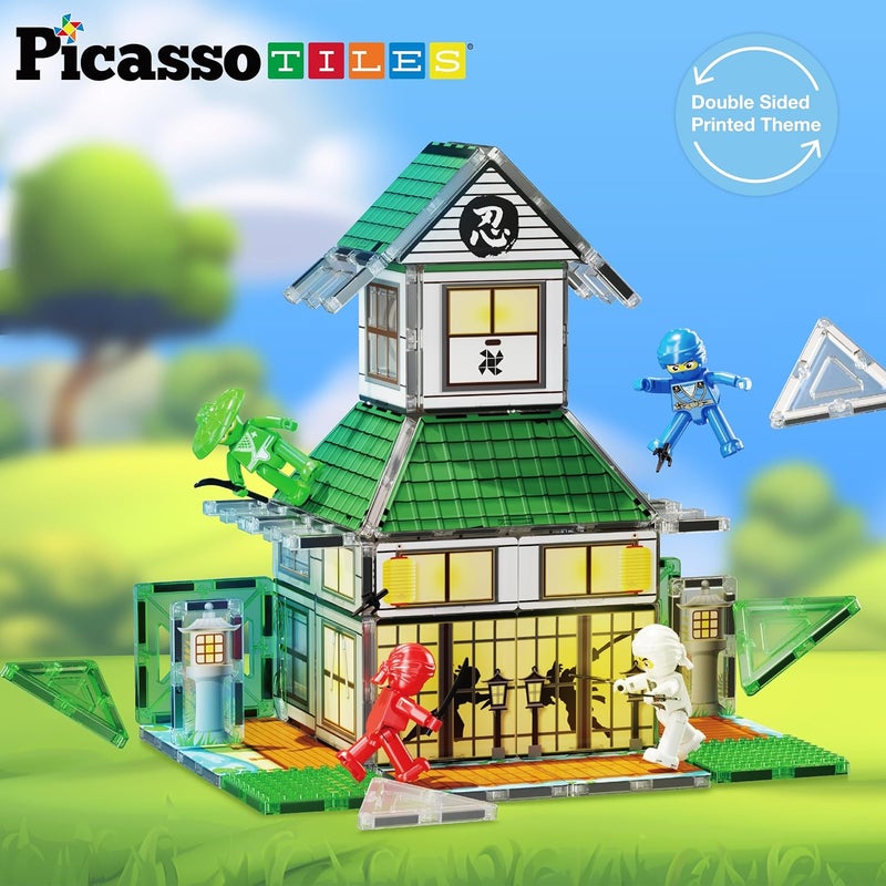 بيكاسو تيلز PicassoTiles - بلاط مغناطيسي بناء كتل موضوع نينجا دوجو هاوس STEM مجموعة لعب مع 4 شخصيات نينجا أشكال حركة أسلحة ملحقات بلاط تعليمي مغناطيسي - Image 2