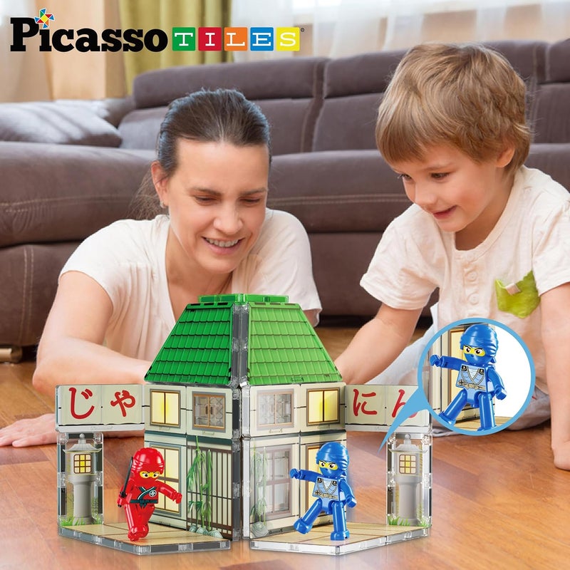 بيكاسو تيلز PicassoTiles - بلاط مغناطيسي بناء كتل موضوع نينجا دوجو هاوس STEM مجموعة لعب مع 4 شخصيات نينجا أشكال حركة أسلحة ملحقات بلاط تعليمي مغناطيسي - Image 3