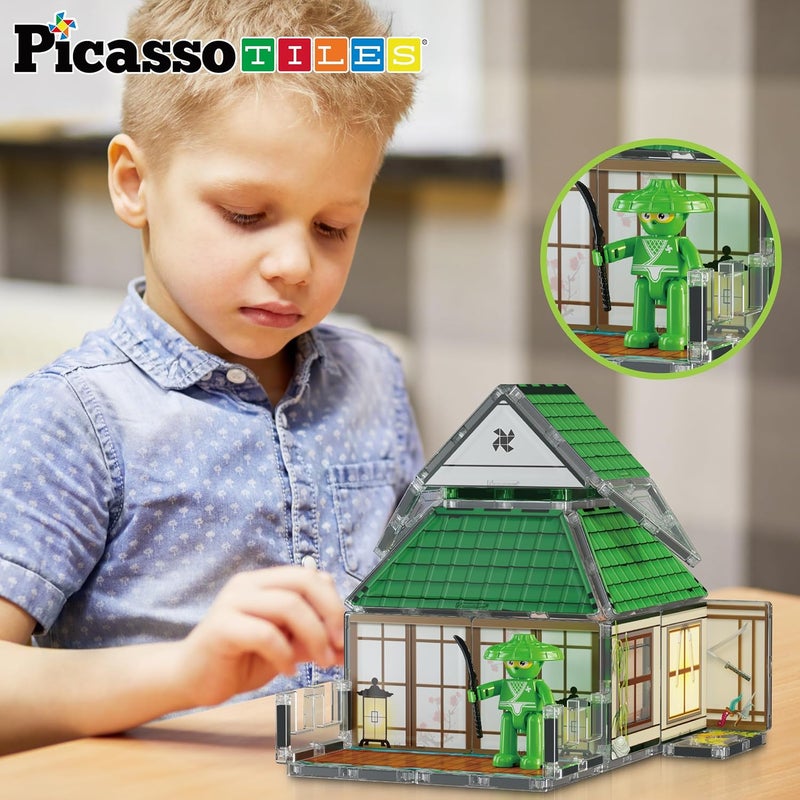بيكاسو تيلز PicassoTiles - بلاط مغناطيسي بناء كتل موضوع نينجا دوجو هاوس STEM مجموعة لعب مع 4 شخصيات نينجا أشكال حركة أسلحة ملحقات بلاط تعليمي مغناطيسي - Image 5