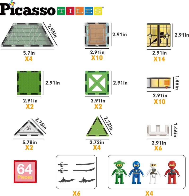 بيكاسو تيلز PicassoTiles - بلاط مغناطيسي بناء كتل موضوع نينجا دوجو هاوس STEM مجموعة لعب مع 4 شخصيات نينجا أشكال حركة أسلحة ملحقات بلاط تعليمي مغناطيسي - Image 4